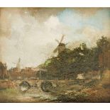 Jacob Maris (Den Haag 1837 - 1899 Karlsbad, Tsch). "The Drawbridge and Windmills". Olieverf op
