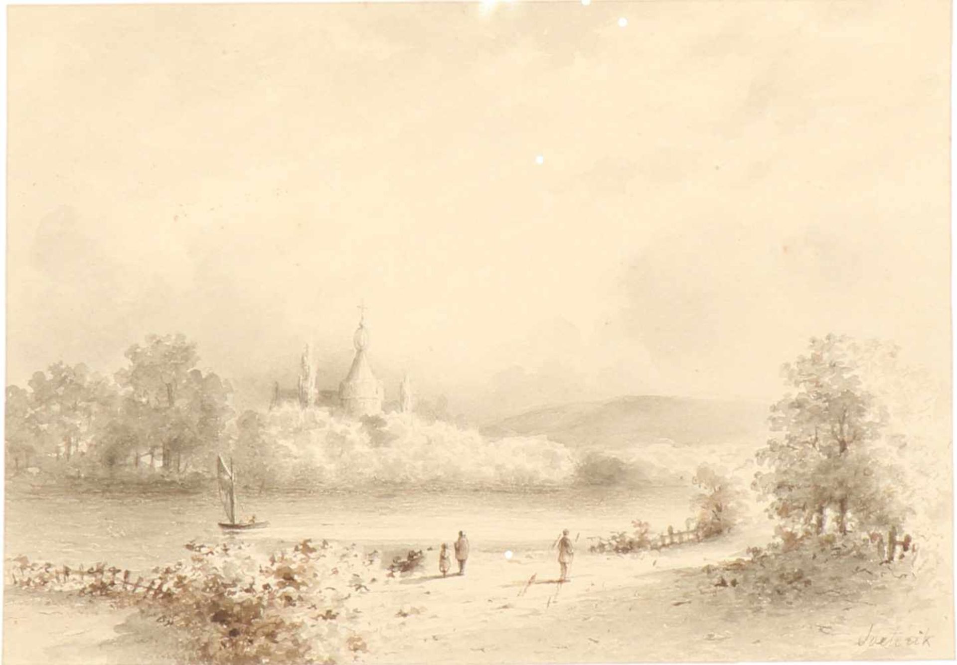 Theodoor Soeterik (Utrecht 1810 - 1883).Reizigers op een zandpad langs een rivier, een burcht aan de