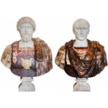 Italiaanse School, 20e eeuw. Twee marmeren bustes van Julius Ceasar en Marcus Aurelius in onder