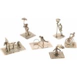 (6) delig lot miniaturen zilver.W.o. paraplu verkoper, fietser, hoefsmid. Nederland, 20e eeuw,