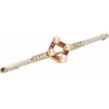 Art Deco broche bicolor goud, diamant, robijn en cultivé parel - 18 kt.8 Roos geslepen diamanten (