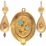 Set broche/oorbellen bicolor goud, turkoois en zaadparel - 18 kt.Broche is tevens hanger en