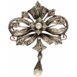 Art Nouveau hanger/broche goud/zilver, diamant en cultivé parel - 18 kt.5 Roos geslepen diamanten (