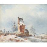 Albert Jurardus Van Prooyen (1834-1898).Een winterlandschap met figuren bij een toren. Olieverf op