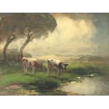 Fedor van Kregten (Diever, Dr. 1871-1937 Den Haag). Koeien aan de waterkant. Olieverf op paneel.
