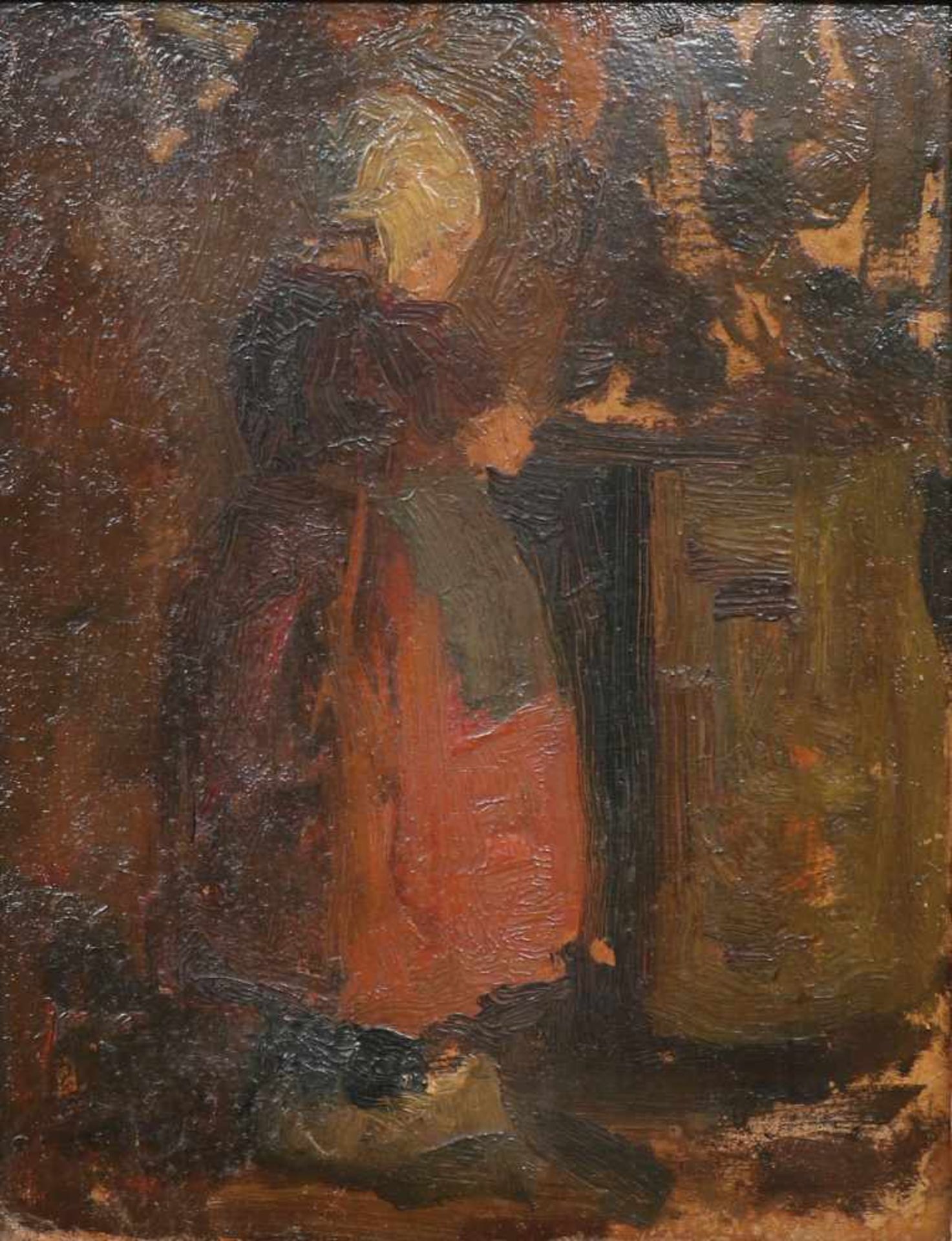 Toegeschreven aan J.S.H. Kever, circa 1910.Hollands meisje. Olieverf op paneel. Afm. 33 x 25,5 cm.