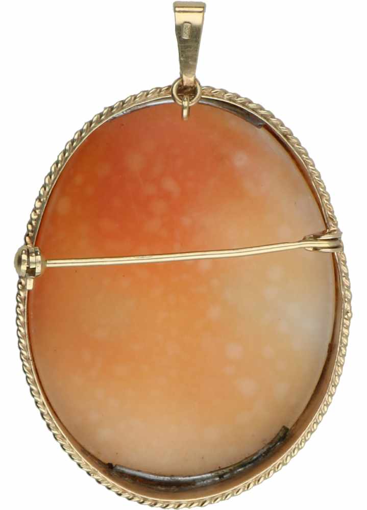 Camee hanger/broche geelgoud, schelp - 14 kt.LxB: 5,5 x 3,7 cm. Gewicht: 13,9 gram.Cameo pendant / - Image 2 of 2