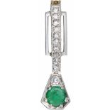Art Deco hanger bicolor goud, ca. 0.08 ct. diamant en smaragd - 14 kt.1 Briljant geslepen diamant (