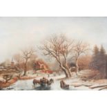 Barend Kraal (Blokzijl 1814-1879 Kampen).Winterlandschap met vele schaatsers en figuren op het