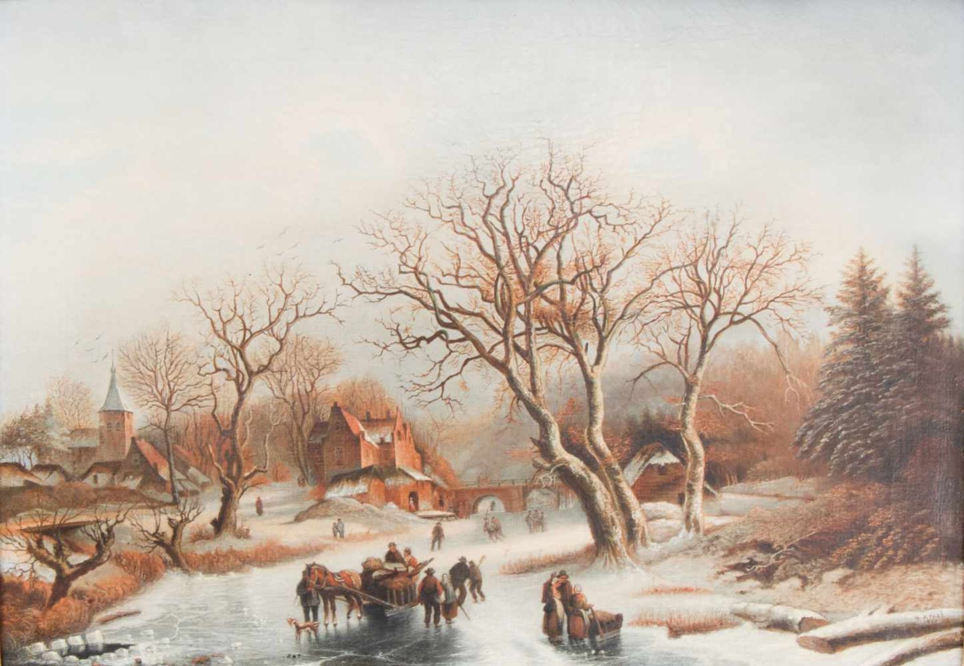 Barend Kraal (Blokzijl 1814-1879 Kampen).Winterlandschap met vele schaatsers en figuren op het