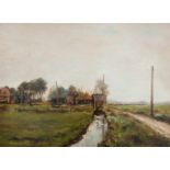 Geo Poggenbeek (Amsterdam 1853-1903).Landschap met slootje en boerenhoeves. Olieverf op paneel.