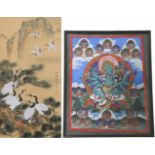 Een lot van een thanga en een aquarel op papieren rol. China, 20e eeuw.A lot with a thangka and a