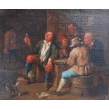 Hollandse School, 18e eeuw. Een herbergscène met rokend gezelschap. Olieverf op doek. Draagt plaatje