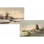 Hollandse school, 20e eeuw.Zomerlandschap en Winterlandschap. Pendant. Olieverf op paneel.