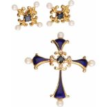 Igor Carl Fabergé set klassieke oorbellen/hanger geelgoud, ca. 0.04 ct. diamant, saffier, cultivé