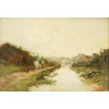 Johan Hendrik Weissenbruch (Den Haag 1824-1903).Ruiter op landweg langs poldervaart. Olieverf op