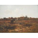 Olieverf op paneel. Cornelis Koppenol (1845 - 1946).Boer met paard en kar in een landschap