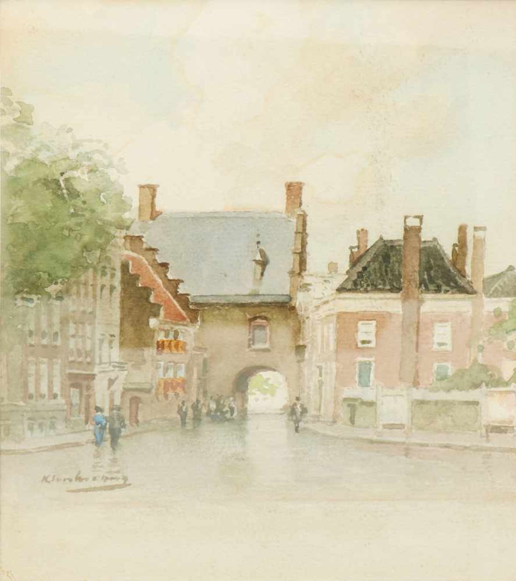 J.C.K. Klinkenberg (Den Haag 1852 - 1924).De Gevangenpoort te Den Haag. Aquarel op papier.