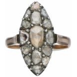Markies ring rosegoud, diamant - BWG 10 kt.15 Roos geslepen diamanten (1x ca. 6 x 4 mm, 4x ca. 4 x 3