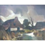 Toon Koster (Schiedam 1913-1990 Woerden).Een boerderij aan het water. Olieverf op board.