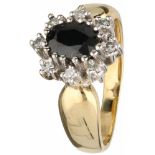 Rozetring geelgoud, ca. 0.08 ct. diamant en saffier - 14 kt.8 Single cut geslepen diamanten (ca. 0.