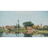 G.F. van Schagen (Den Haag 1880 - 1968 Laren NH). Een dorp aan een rivier. Olieverf op doek.