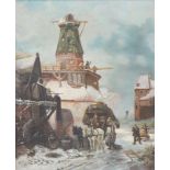 Adrian van Loon (1937).Een winterlandschap met molen. Olieverf op doek. Gesigneerd linksonder.