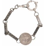 Zakhorloge ketting zilver, nielo - 925/1000.Met munt. L: 23,5 cm. Gewicht: 19,2 gram.Pocket watch