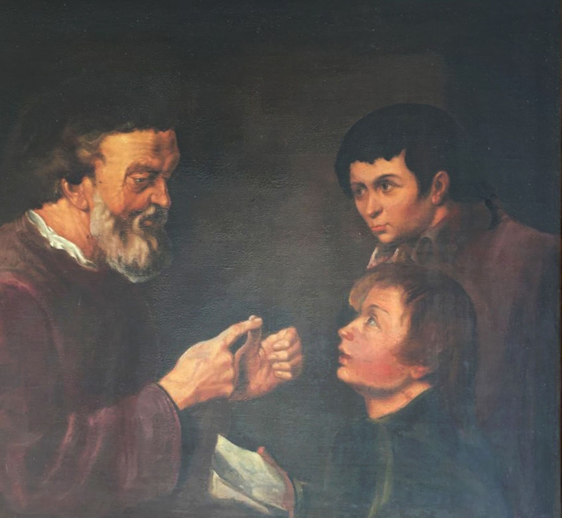 Hollandse School, 18e eeuw. Twee jongens ontvangen onderricht van een oudere leraar. Olieverf op