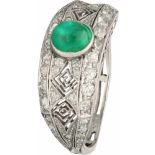 Art Deco ring witgoud met platinum verguld, ca. 0.57 ct. diamant en smaragd - BWG 9 kt.20 Old