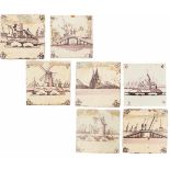Een lot van zeven aardewerk tegels met landschap decor. Holland 19e eeuw.A lot of seven