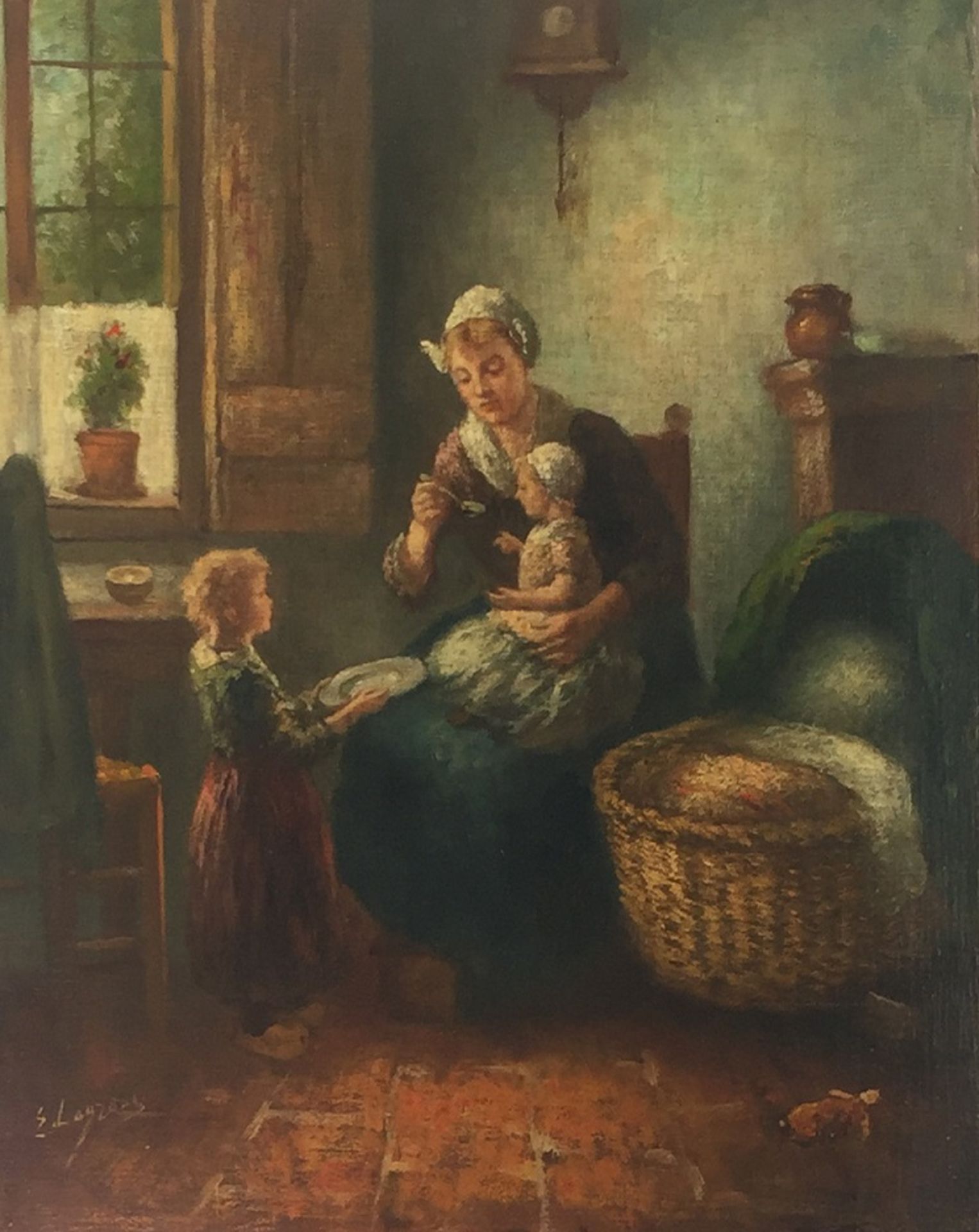 Larense School, 20e eeuw. Moeders kleine helpertje. Olieverf op doek. Gesigneerd "E. Laurens"