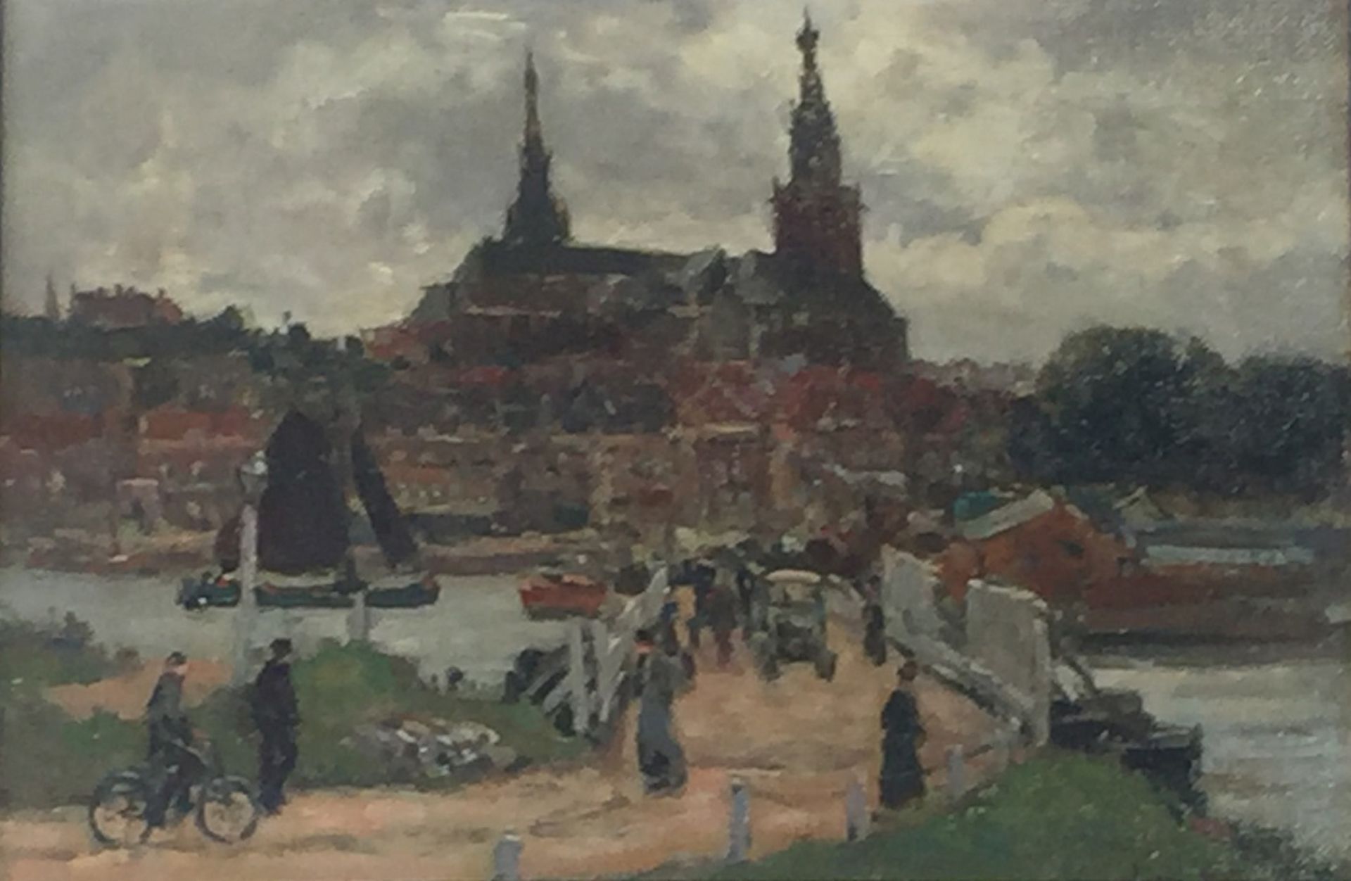 Evert Moll (Voorburg 1878-1955 Den Haag). Een entree naar een stad. Olieverf op doek op paneel (