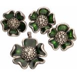 Set bloemvormige hanger/oorbellen/ring zilver, groene emaille - 925/1000.Ringmaat: 17,5 mm,