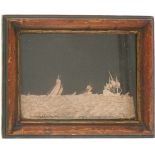 Een diorama van papiermaché zgn. "Bavelaartje" voorstellende schepen op een woelige zee. Afm. 8 x 11
