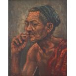R. Hadi XX / XXI eeuw. Portret van een rokende Indonesiër. Olieverf op doek. Gesigneerd