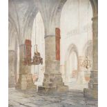 A.W. Verhorst (1879-?).Kerkinterieur met scheepsmodellen. Olieverf op doek. Gesigneerd