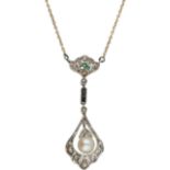 Art Deco collier met hanger geelgoud, diamant, saffier, smaragd en cultivé parel - 14 kt.Met