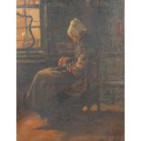 Hollandse School, 19e eeuw. Een oude vrouw in een interieur. Olieverf op doek. Onduidelijk