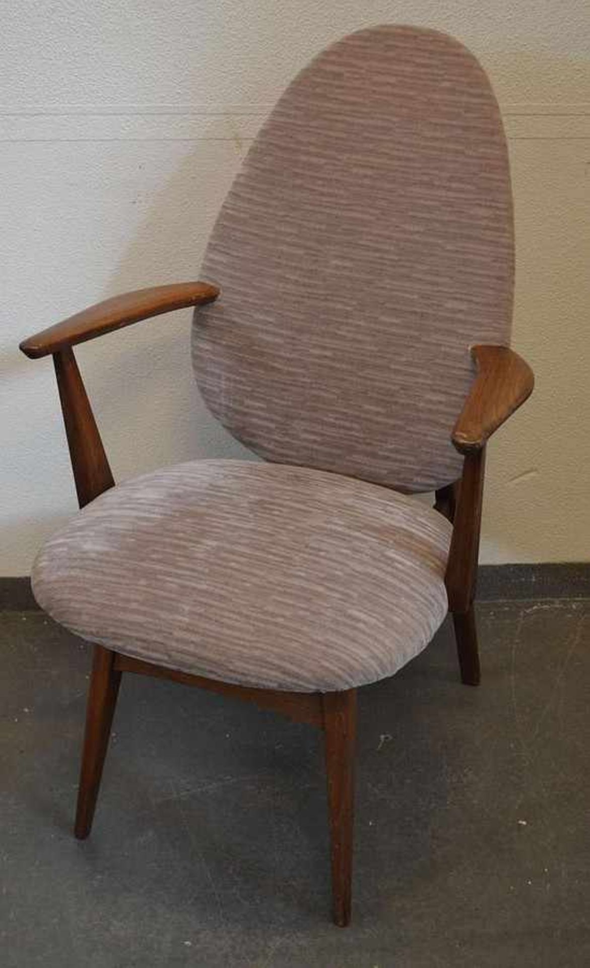 (Design) Hout / stoffen Vintage stoel met armleuningen, vermoedelijk Scandinavisch, midden 20e