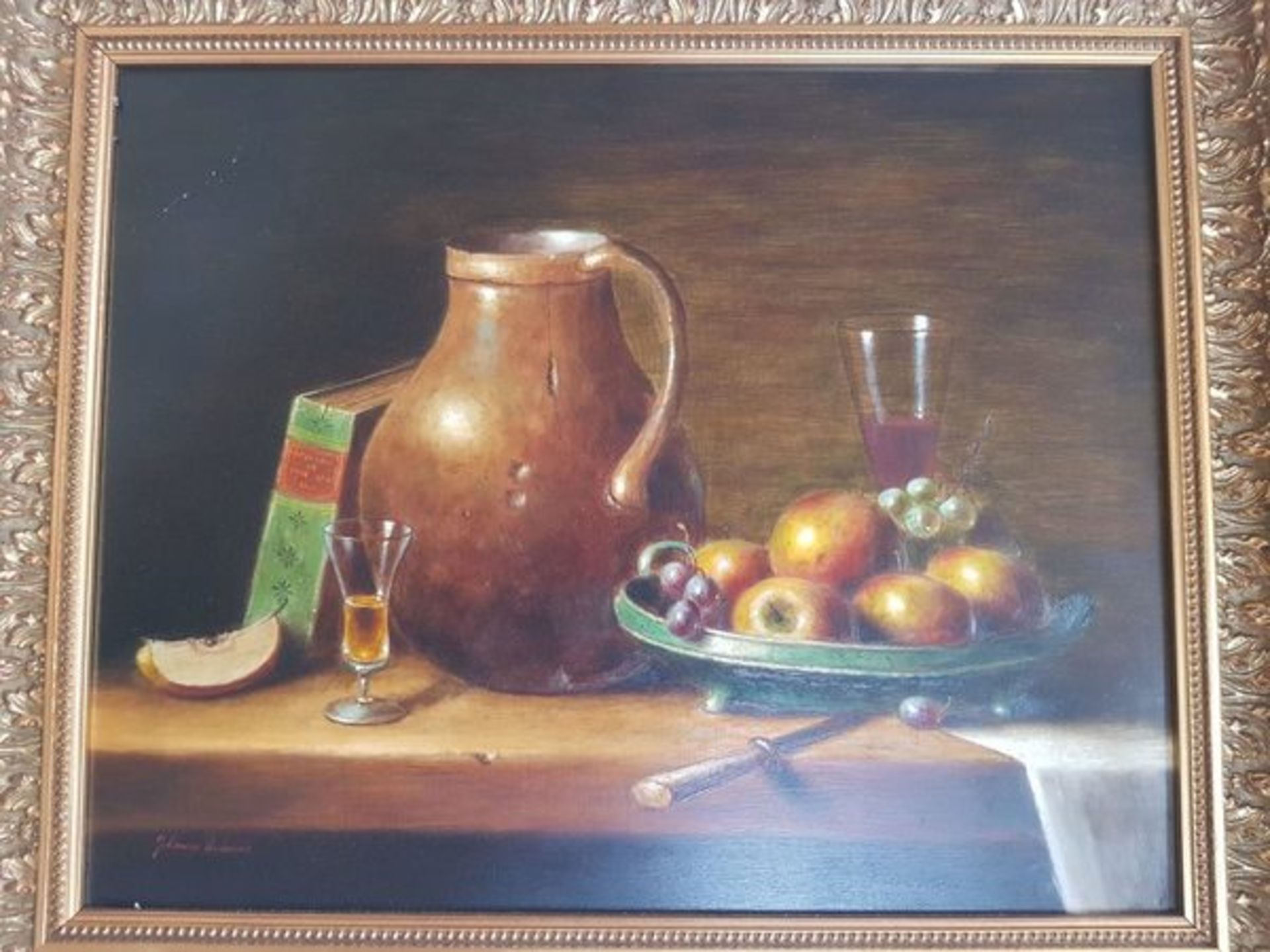 (Kunst) Johannes Eerdmans 1950-hedenOlieverf op paneel Stiileven met fruitschaal en antiek kan. - Bild 2 aus 4