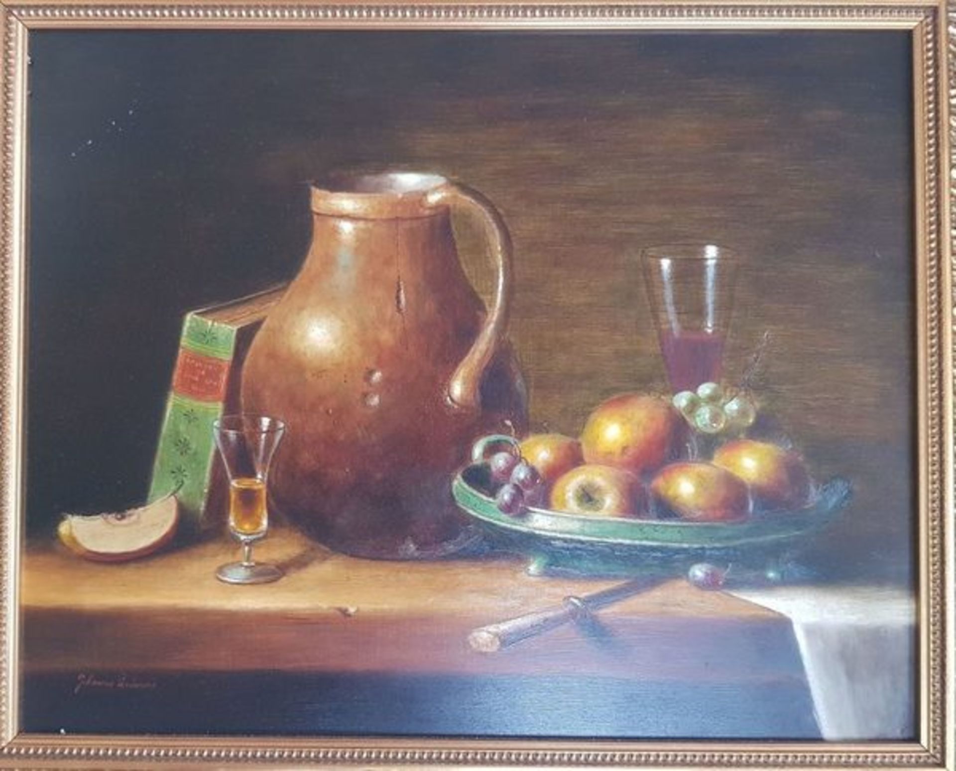 (Kunst) Johannes Eerdmans 1950-hedenOlieverf op paneel Stiileven met fruitschaal en antiek kan. - Bild 4 aus 4