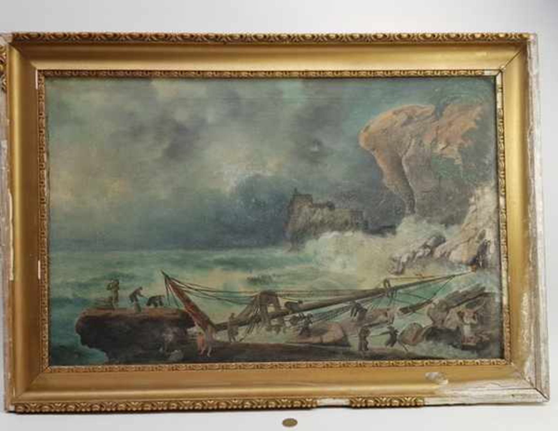 (Curiosa) Olieverf schilderij op doek, schipbreukelingen. onbekend 20e eeuw.Olieverf schilderij op - Bild 6 aus 6