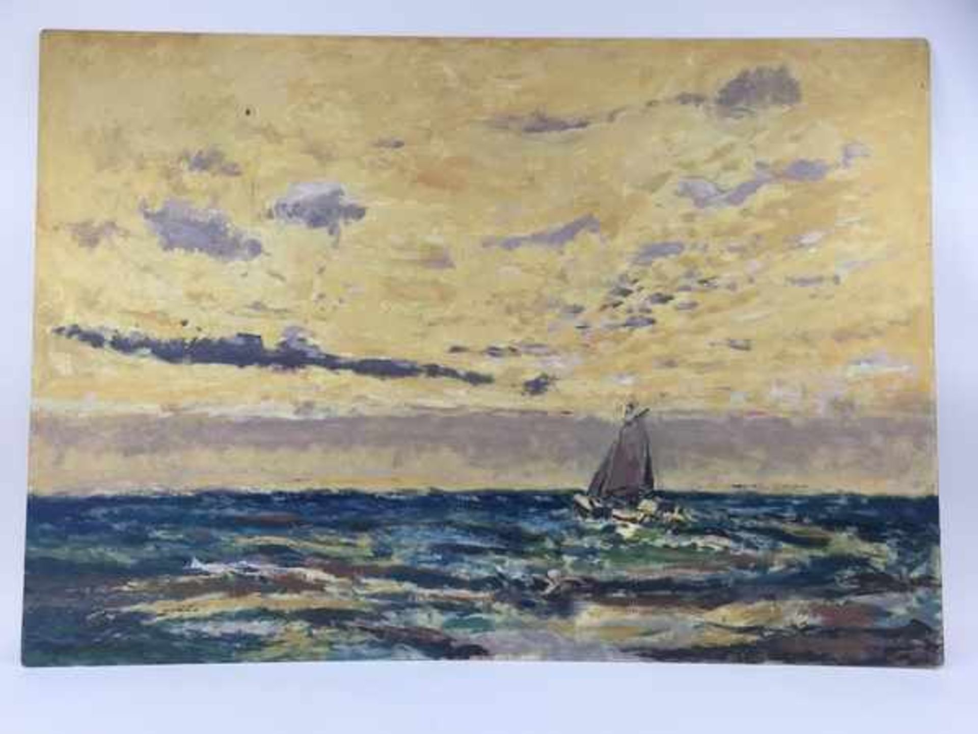 (Kunst) Schilderij, hardboard plaat, zeilboot op volle zee, 20e eeuwSchilderij, hardboard plaat,