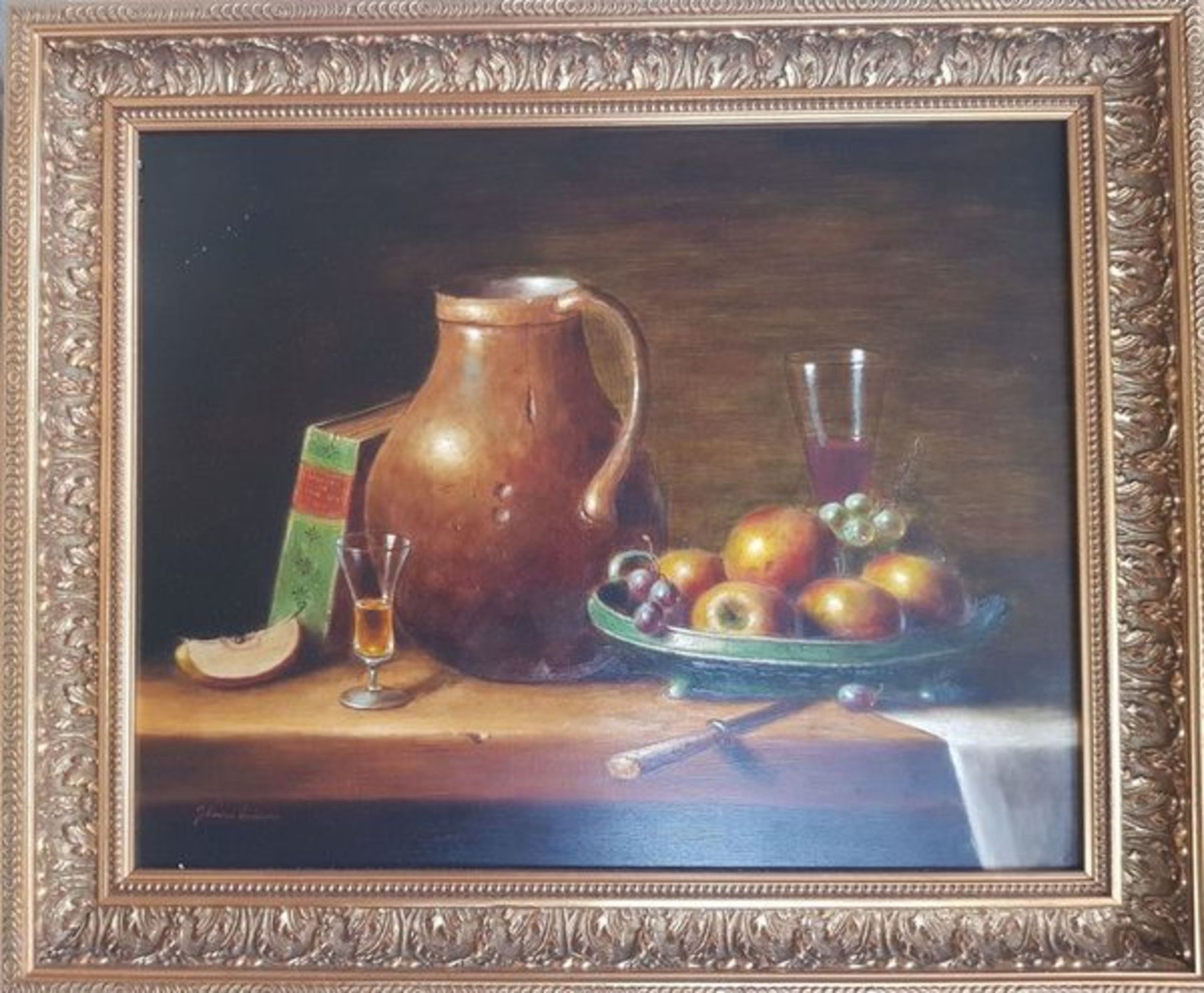 (Kunst) Johannes Eerdmans 1950-hedenOlieverf op paneel Stiileven met fruitschaal en antiek kan.