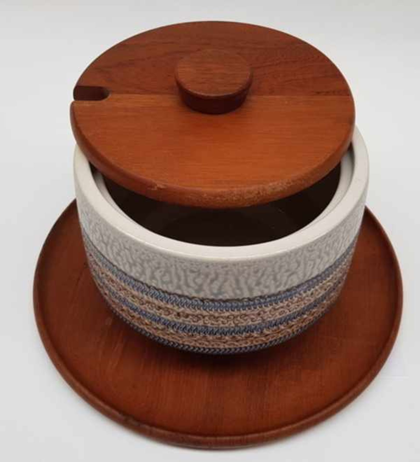 (Design) Steengoed bowl pot op teakhouten dienblad en houten deksel, Noorwegen jaren 60Steengoed - Bild 3 aus 8