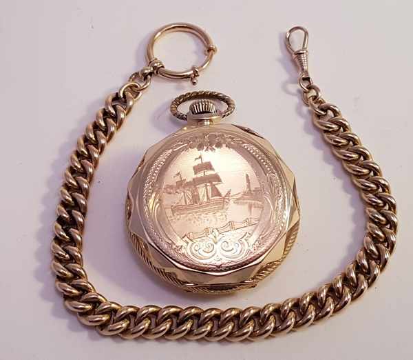 (Goud) Gouden zakhorloge, Remontoir 10 rubis + gouden ketting. Zwitserland 1911.Gouden zakhorloge, - Image 21 of 37