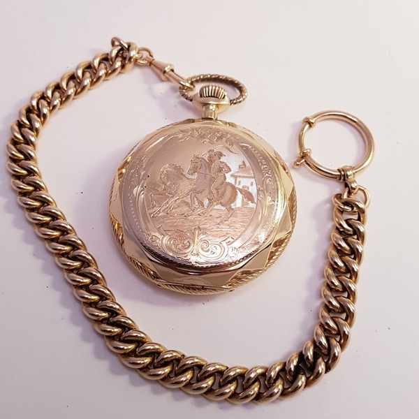 (Goud) Gouden zakhorloge, Remontoir 10 rubis + gouden ketting. Zwitserland 1911.Gouden zakhorloge, - Image 27 of 37