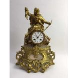 (Antiek) Verguld metalen klok met voorstelling van een jager, Duitsland, ca. 1900Verguld metalen