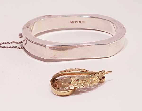 (Curiosa) Zilver/ double/chroom, Horloge, broche en armband, midden 20e eeuw. Chroom/ zilver/ - Image 5 of 7